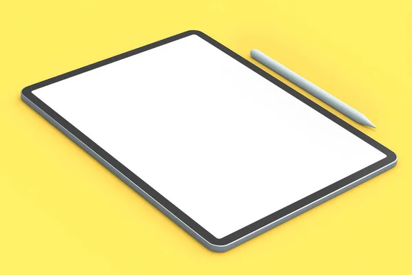 Computador Tablet Com Lápis Isolado Fundo Amarelo Conceito Renderização Equipamentos — Fotografia de Stock