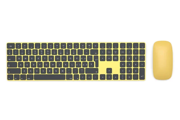 现代金铝制计算机键盘 带有独立于白色背景的软垫和鼠标 家庭办公室和工作空间装备的三维绘制 — 图库照片