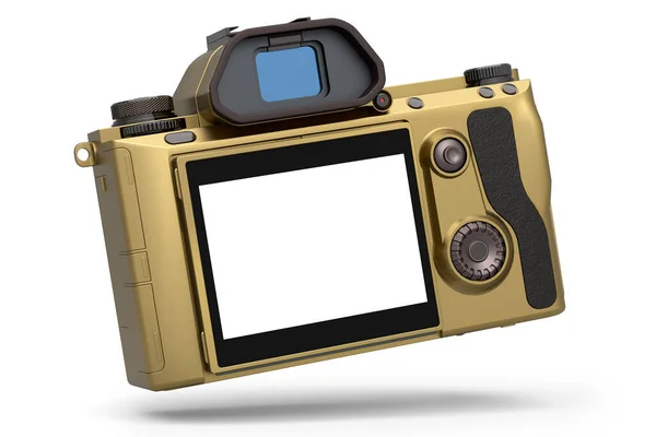 ホワイトの背景に金の存在しないデジタル一眼レフカメラの概念 ライブストリーミングやブログのためのプロの写真撮影機器の3Dレンダリングとイラスト — ストック写真