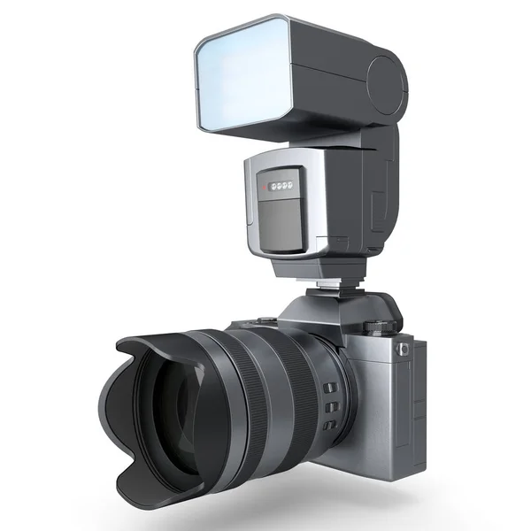 Begreppet Obefintlig Dslr Kamera Med Lins Och Extern Blixt Speedlight — Stockfoto