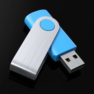 Çalışma alanı için taşınabilir mavi USB flaş bellek çubuğu siyah arkaplanda izole edildi