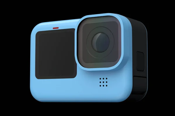 Foto e vídeo câmera de ação azul leve com exibição em fundo preto — Fotografia de Stock