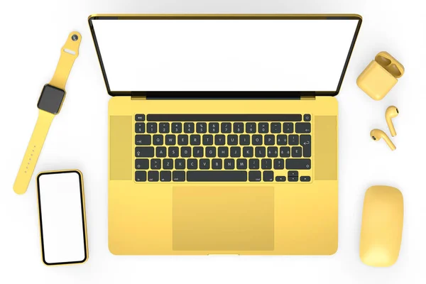 Aluminium laptop met muis, smartwatch, telefoon en koptelefoon op wit — Stockfoto
