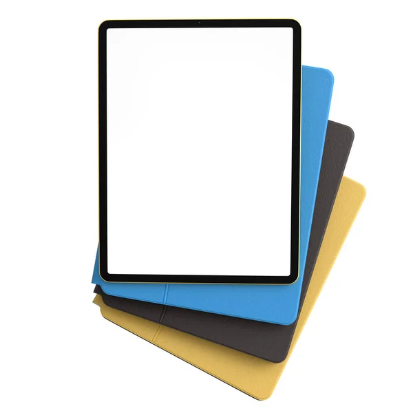 Set of computer tablets with cover case and blank screen isolated on white. — Stock Photo, Image