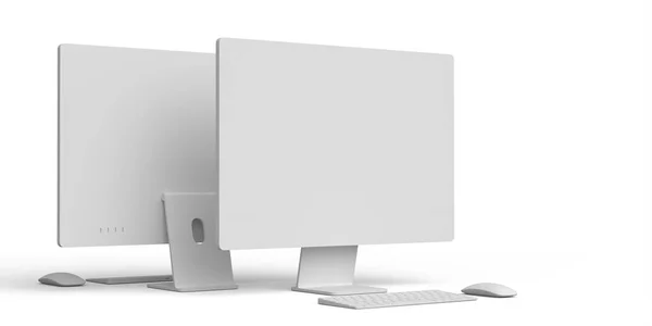 Écran d'ordinateur de bureau avec clavier et souris isolés sur fond blanc — Photo