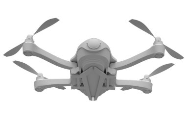Uçan fotoğraf ve video dronu ya da kuadkopter beyaz monokrom arka planda izole. Dağıtım ya da hava fotoğrafçılığı için 3B aygıt hazırlayıcı