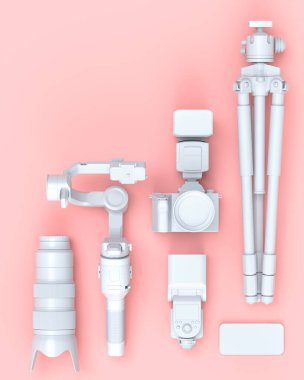 Var olmayan DSLR kamera, lens, tripod ve siyah arkaplanda ışık parlamaları gibi tasarımcı çalışma alanı ve teçhizatının üst görüntüsü. İllüstratör ve fotoğrafçılık araçları için aksesuarların 3d görüntülenmesi