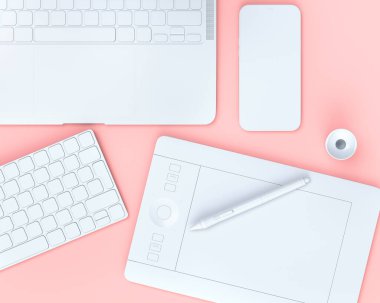 Tasarımcı çalışma alanının üst görüntüsü ve dizüstü bilgisayar, tablet, klavye ve telefon gibi teçhizatlar siyah masa arkasında. Çizim, çizim ve illüstratör veya fotoğraf araçları için aksesuarların 3d görüntülenmesi