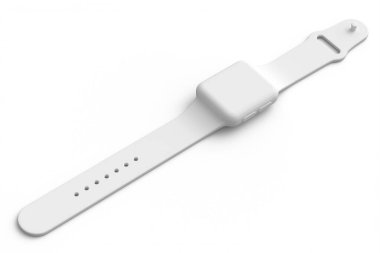 Beyaz askılı akıllı saat, beyaz monokrom arka planda izole edilmiş. Giyilebilir aygıt sağlığı ve fitness izleyicisi için 3B yorumlayıcı kavramı