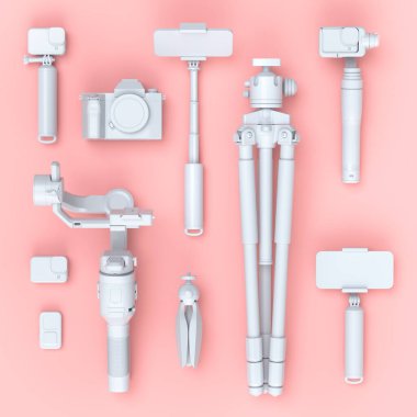 Var olmayan DSLR kamera, sabit diktatör, tripod ve selfie çubuğu gibi tasarımcıların çalışma alanlarının ve teçhizatlarının üst görüntüsü. İllüstratör ve fotoğrafçılık araçları için aksesuarların 3d görüntülenmesi