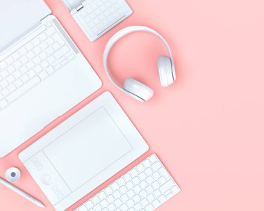 Tasarımcı çalışma alanının üst görüntüsü ve dizüstü bilgisayar, tablet, klavye ve telefon gibi teçhizatlar siyah masa arkasında. Çizim, çizim ve illüstratör veya fotoğraf araçları için aksesuarların 3d görüntülenmesi