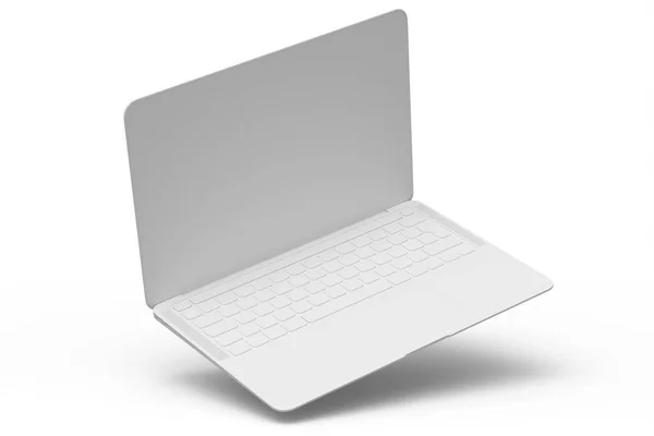 白いモノクロームの背景に隔離された空の画面表示を持つ現実的なアルミラップトップ ホームスタジオワークスペース用オープンポータブルコンピュータの3Dレンダリング — ストック写真