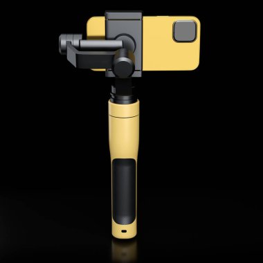 Beyaz ekranlı gerçekçi akıllı telefon ve siyah arka planda izole edilmiş altın selfie çubuğu. Fotoğraf ve portre çekmek için 3B telefon şablonu