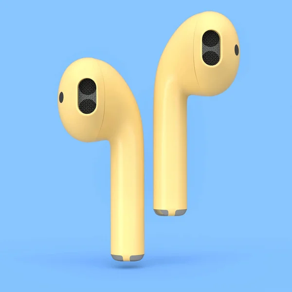 Бездротові Bluetooth Жовті Навушники Ізольовані Синьому Фоні Візуалізація Аксесуарів Прослуховування — стокове фото