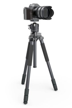 Beyaz arka planda izole edilmiş DSLR kamerası olmayan fotoğraf ve video tripod. Yayınlama ve vloglama için profesyonel fotoğrafçılık ekipmanlarının 3B görüntülenmesi ve çizimi