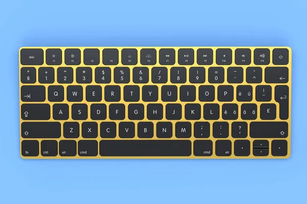 Teclado Computador Alumínio Dourado Moderno Isolado Fundo Azul Renderização Engrenagem — Fotografia de Stock