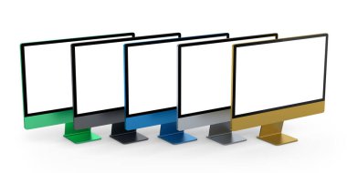 Beyaz arkaplanda boş ekran görüntüsü olan masaüstü bilgisayarları. Ev stüdyosu çalışma alanı için 3B görüntüleme