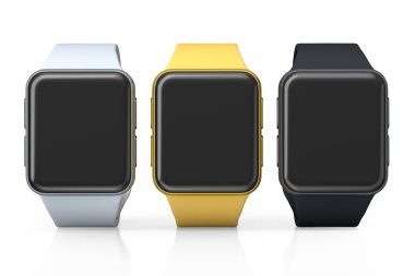 Beyaz arka planda siyah kayışı olan gümüş akıllı saatler. Giyilebilir aygıt sağlığı ve fitness izleyicisi için 3B yorumlama kavramı