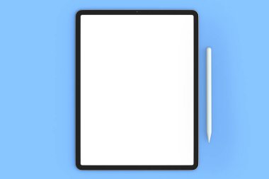 Mavi arka planda kalem izole edilmiş bilgisayar tableti. Yaratıcı tasarım ekipmanı ve kompakt çalışma alanı üç boyutlu oluşturma kavramı