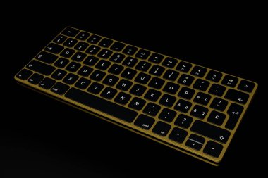 Modern altın alüminyum klavye siyah arka planda izole edilmiş. Ev ofisi ve çalışma alanı için 3B ekipman hazırlama