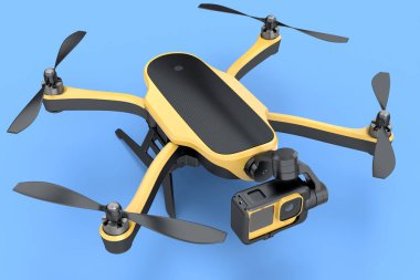 Uçan fotoğraf ve video sarı drone ya da kuadkopter mavi arka planda izole edilmiş kamera ile. Dağıtım veya hava fotoğrafçılığı için aygıtın 3B görüntülemesi