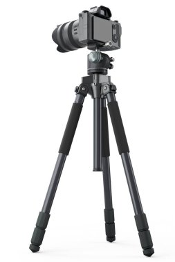 Beyaz arka planda izole edilmiş DSLR kamerası olmayan fotoğraf ve video tripod. Yayınlama ve vloglama için profesyonel fotoğrafçılık ekipmanlarının 3B görüntülenmesi ve çizimi