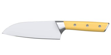 Şefin mutfak bıçağı beyaz arka planda izole edilmiş ahşap saplı. 3 boyutlu Santoku bıçağı ya da profesyonel mutfak gereçleri.