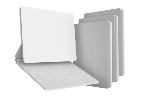Zestaw Tabletów Komputerowych Klawiaturą Czystym Ekranem Izolowanych Białym Monochromatycznym Tle — Zdjęcie stockowe
