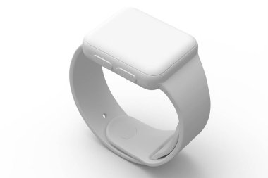 Beyaz monokrom arka planda izole edilmiş mavi deri kayışlı akıllı saat. Giyilebilir aygıt sağlığı ve fitness izleyicisi için 3B yorumlayıcı kavramı