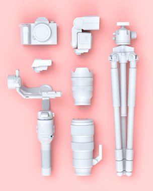 Var olmayan DSLR kamera, lens, tripod ve siyah arkaplanda ışık parlamaları gibi tasarımcı çalışma alanı ve teçhizatının üst görüntüsü. İllüstratör ve fotoğrafçılık araçları için aksesuarların 3d görüntülenmesi