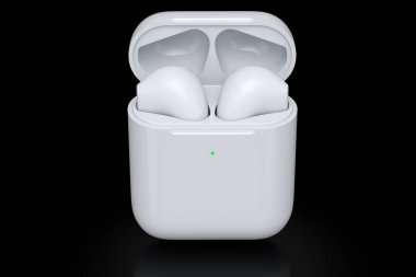 Beyaz çantadaki kablosuz bluetooth kulaklıklar siyah arka planda izole edilmiş. Müzik dinlemek ya da evden uzak çalışmak için aksesuarların 3B görüntülenmesi