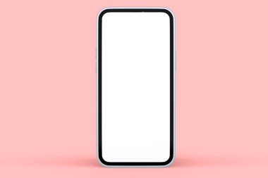 Pembe arka planda boş beyaz ekranlı gerçekçi gümüş akıllı telefon. Sunum için telefon şablonunun 3B görüntülenmesi ve küçük çalışma alanı aracı