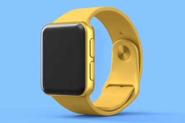 Mavi arka planda deri kayışı olan paslanmaz altın akıllı saat. Giyilebilir aygıt sağlığı ve fitness izleyicisi için 3B yorumlama kavramı