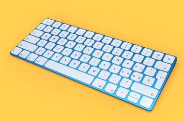 Turuncu arka planda numpad izole edilmiş modern mavi alüminyum bilgisayar klavyesi. Ev ofisi ve çalışma alanı için 3B ekipman hazırlama