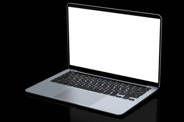 Siyah zemin üzerinde boş beyaz ekran görüntüsü olan gerçekçi alüminyum dizüstü bilgisayar. Ev stüdyosu çalışma alanı için 3D taşınabilir bilgisayar görüntüleme