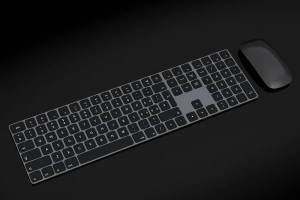现代的铝制计算机键盘 在黑色的背景上隔离了软垫和鼠标 家庭办公室和工作空间装备的三维绘制 — 图库照片