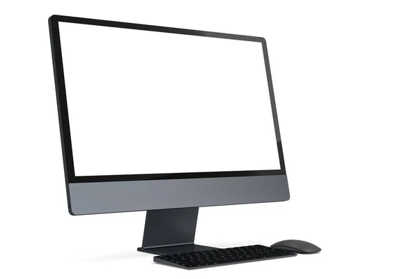 现实的深灰色电脑屏幕显示与键盘和鼠标隔离在白色背景 家庭工作室工作空间银显示器的三维渲染 — 图库照片