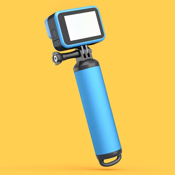 Foto e vídeo câmera de ação azul leve com monopod no fundo laranja — Fotografia de Stock
