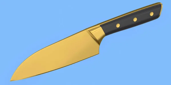 Chef's kitchen knife with a wooden handle isolated on blue background. 3d render of santoku knife or professional kitchen utensils