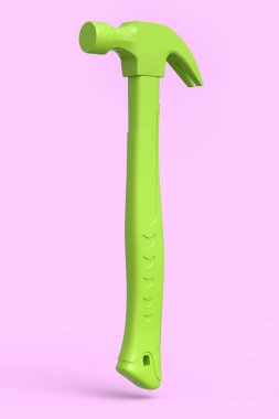 Pembe arka planda izole edilmiş plastik saplı çekiç. Tamir ve inşa etmek için kullanılan aracın 3d görüntülenmesi ve çizimi