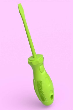 Pembe monokrom arka planda izole edilmiş tornavida. Marangozluk işi veya ahşap araçları için 3d görüntüleme ve illüstrasyon