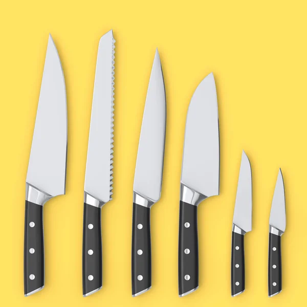 Set of chef\'s kitchen knives with a wooden handle isolated on yellow background. 3d render of butcher knives or professional kitchen utensils