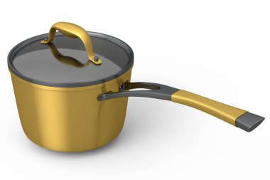 Paslanmaz çelik güveç ve beyaz arka planda krom kaplama alüminyum tencere. Yapışmayan mutfak gereçlerinin 3D görüntüsü