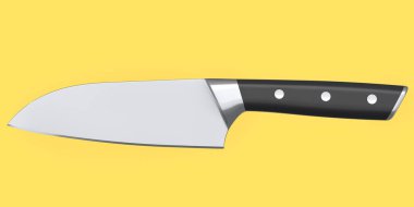 Şef 'in mutfak bıçağı, sarı arka planda izole edilmiş ahşap saplı. 3 boyutlu Santoku bıçağı ya da profesyonel mutfak gereçleri.