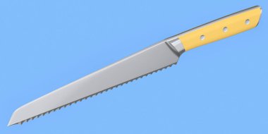 Aşçının mutfak bıçağı mavi arka planda izole edilmiş ahşap saplı. 3 boyutlu ekmek bıçağı ya da profesyonel mutfak aletleri.