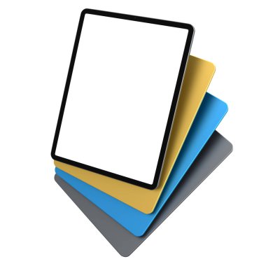 Kapaklı ve boş ekranlı bilgisayar tabletleri beyaz arkaplanda izole edildi. Yaratıcı tasarım ekipmanı ve kompakt çalışma alanı üç boyutlu oluşturma kavramı