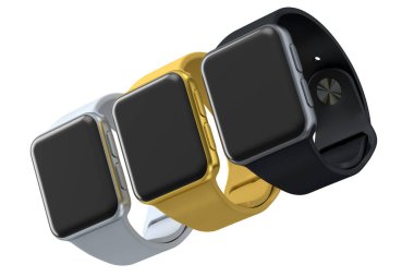 Beyaz arka planda siyah kayışı olan gümüş akıllı saatler. Giyilebilir aygıt sağlığı ve fitness izleyicisi için 3B yorumlama kavramı