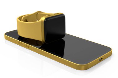 Akıllı telefonun beyaz arka planında duran akıllı saatlerin bir kopyası. Giyilebilir aygıt sağlık ve fitness izleyicisinin 3B görüntüleme konsepti