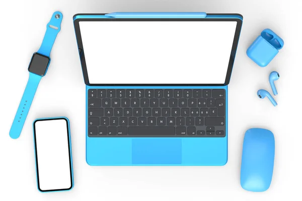 Ovanifrån Aluminium Laptop Med Tangentbord Mus Smartwatch Telefon Och Hörlurar — Stockfoto