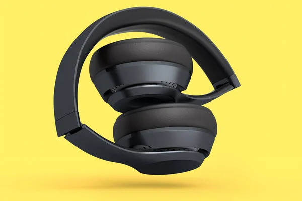 专业的游戏耳机在黄色背景下隔离 过度耳机的3D渲染和音乐设备的概念 — 图库照片